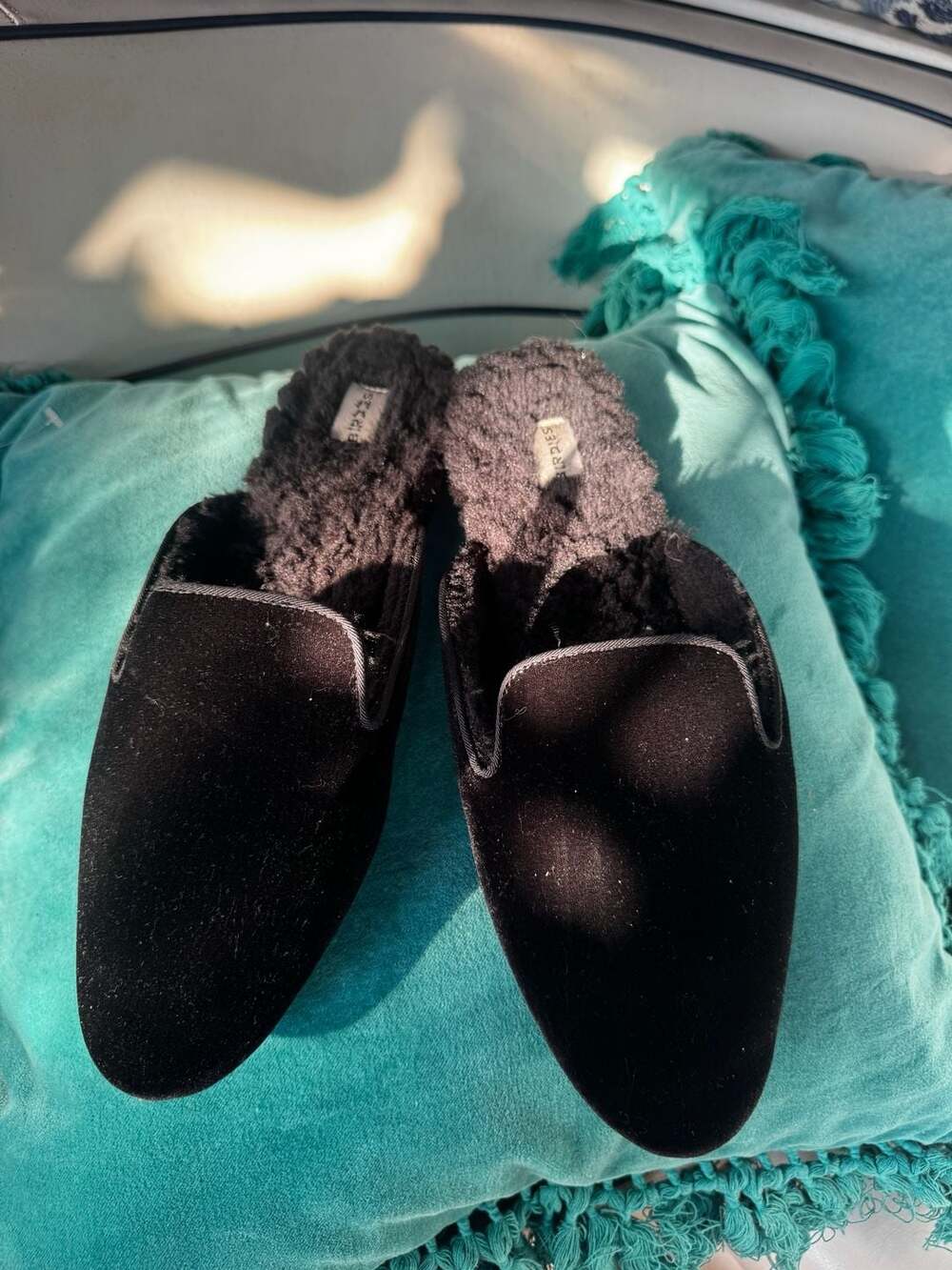 Birdies The Phoebe Black Velvet Faux Fur Slippers Mules